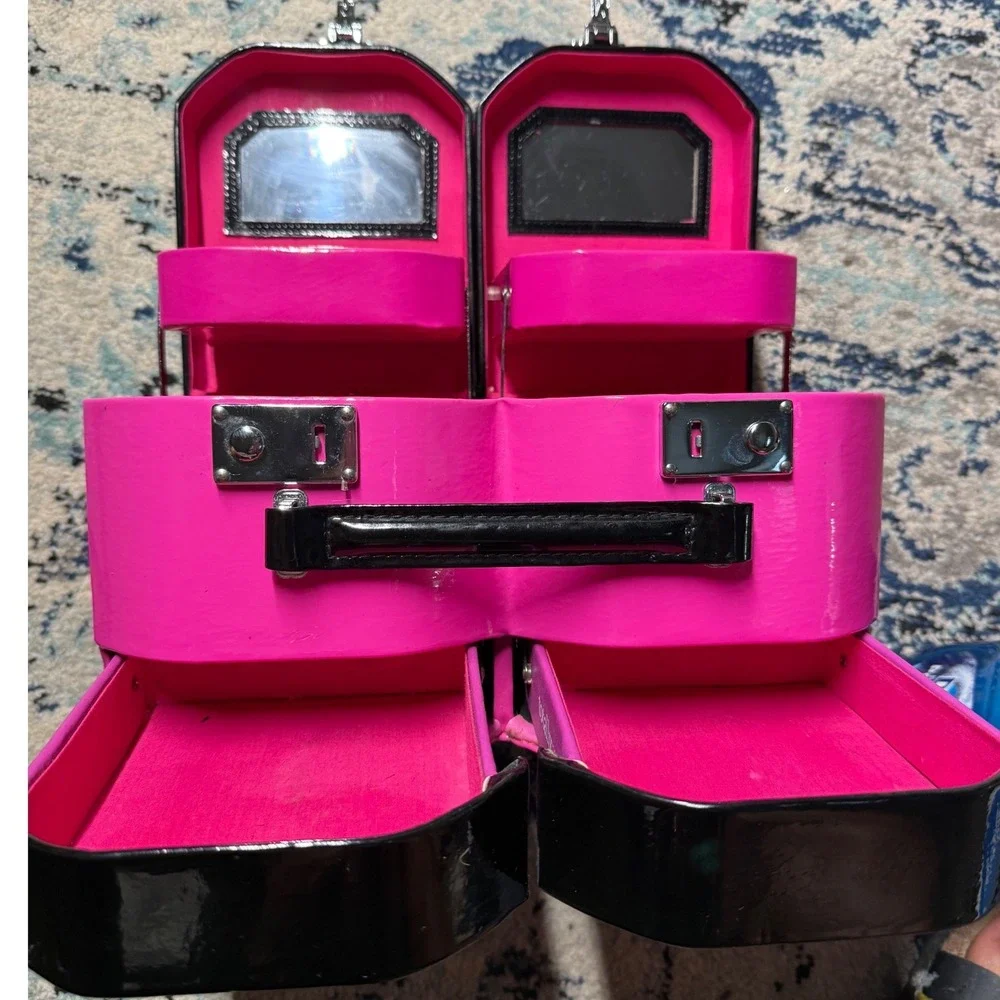 Vintage Pink Black Heart Shaped Makeup Train Case Vanity Mirror Box Y2K Storage